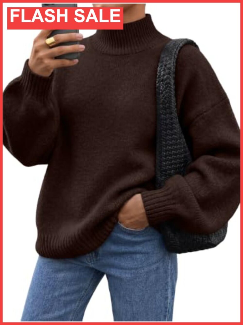 Oversized Mock Neck Knit Sweater Lantern Sleeve Pullover